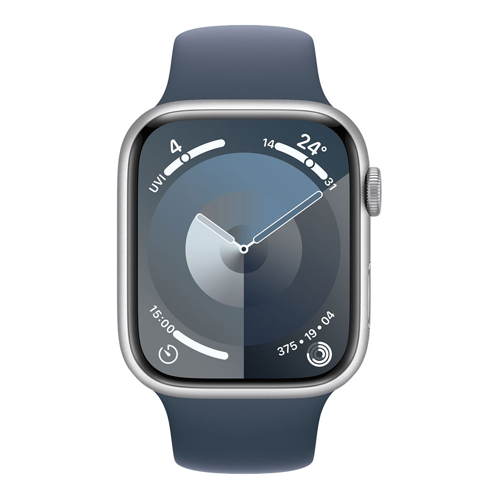 Apple Watch Series 9 GPS 45mm Silver Aluminum Case with Storm Blue Sport Band M/L